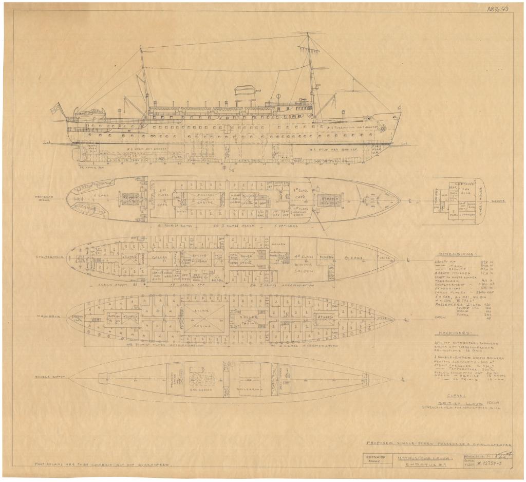 Ruona Oy:n piirustusarkistosta piirustus (nro A836:49), ehdotus matkustajalaivaksi vuodelta 1950. Kuva: Raahen museo.
