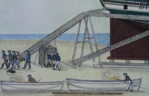 Yksityiskohta Hedmanin maalauksesta, jossa englantilaiset polttavat Raahen laivavarvin.