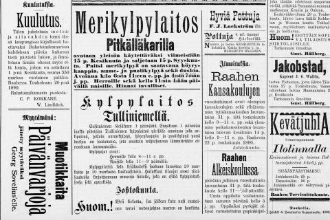 Kylpylaitosten mainoksia vuodelta 1890.